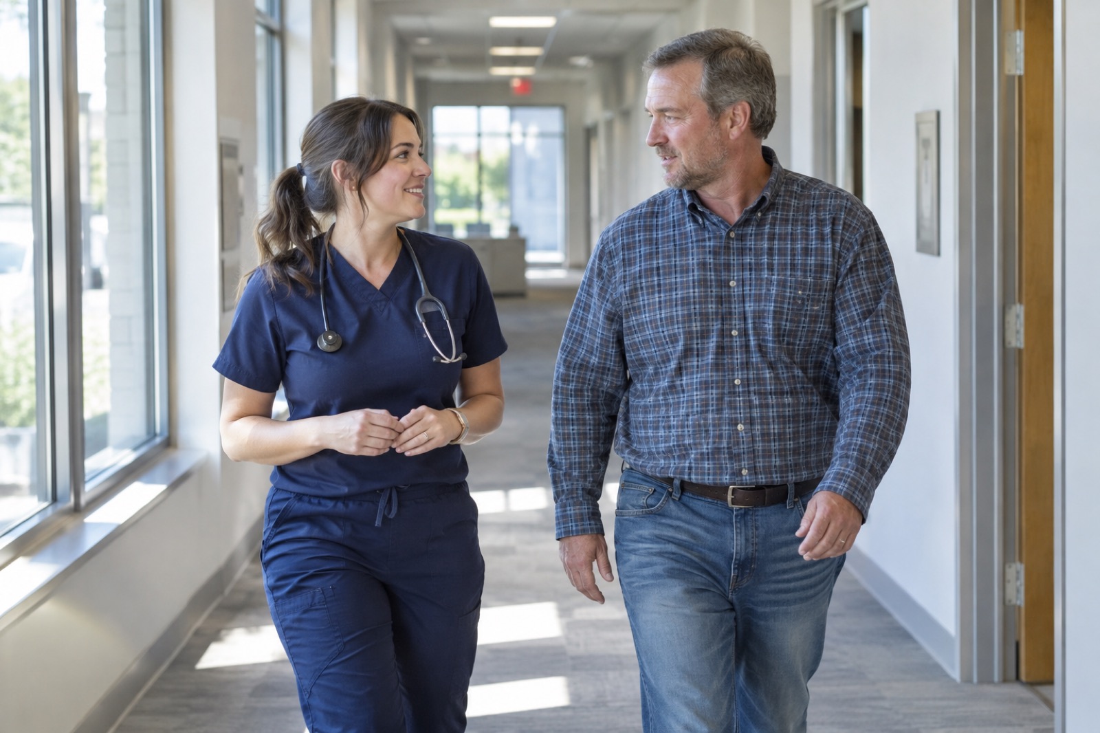 A nurse practitioner and a member talk as they walk down the clinic hallway