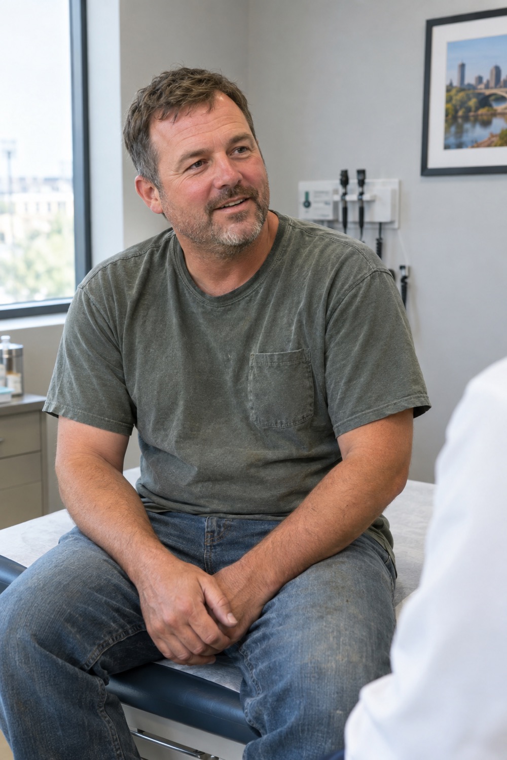 A self-employed tradesman talks with his provider in the exam room
