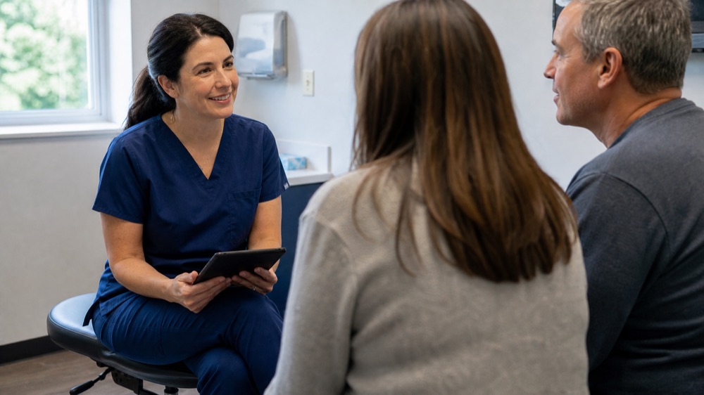 A nurse practitioner talks with a couple in an exam room