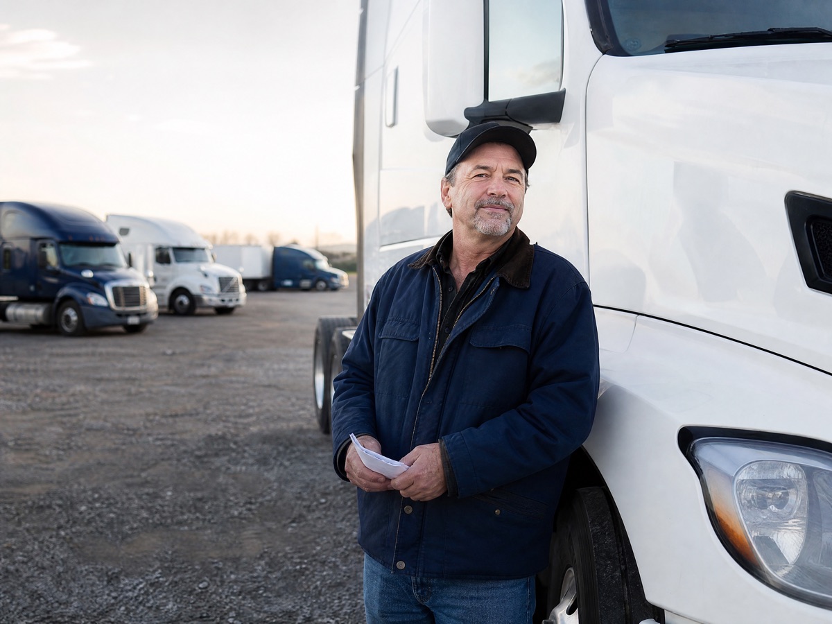 A commercial driver standing beside his truck