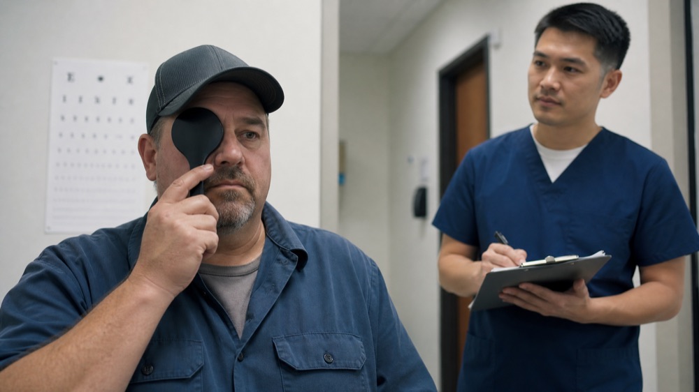 A driver covers one eye during a DOT vision screening