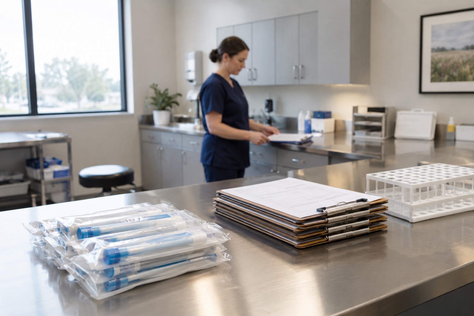 Sealed collection kits and paperwork on the counter of the specimen collection room