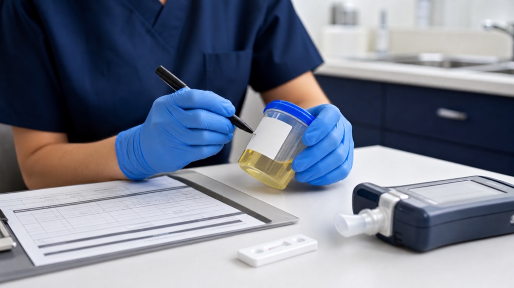 A technician labels a specimen cup at the collection station