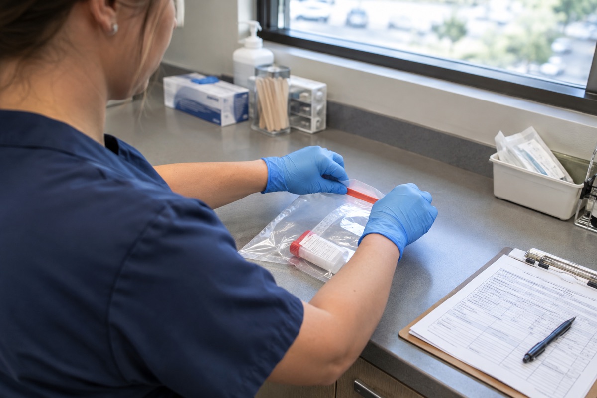 A technician seals a specimen transport bag beside the chain of custody paperwork