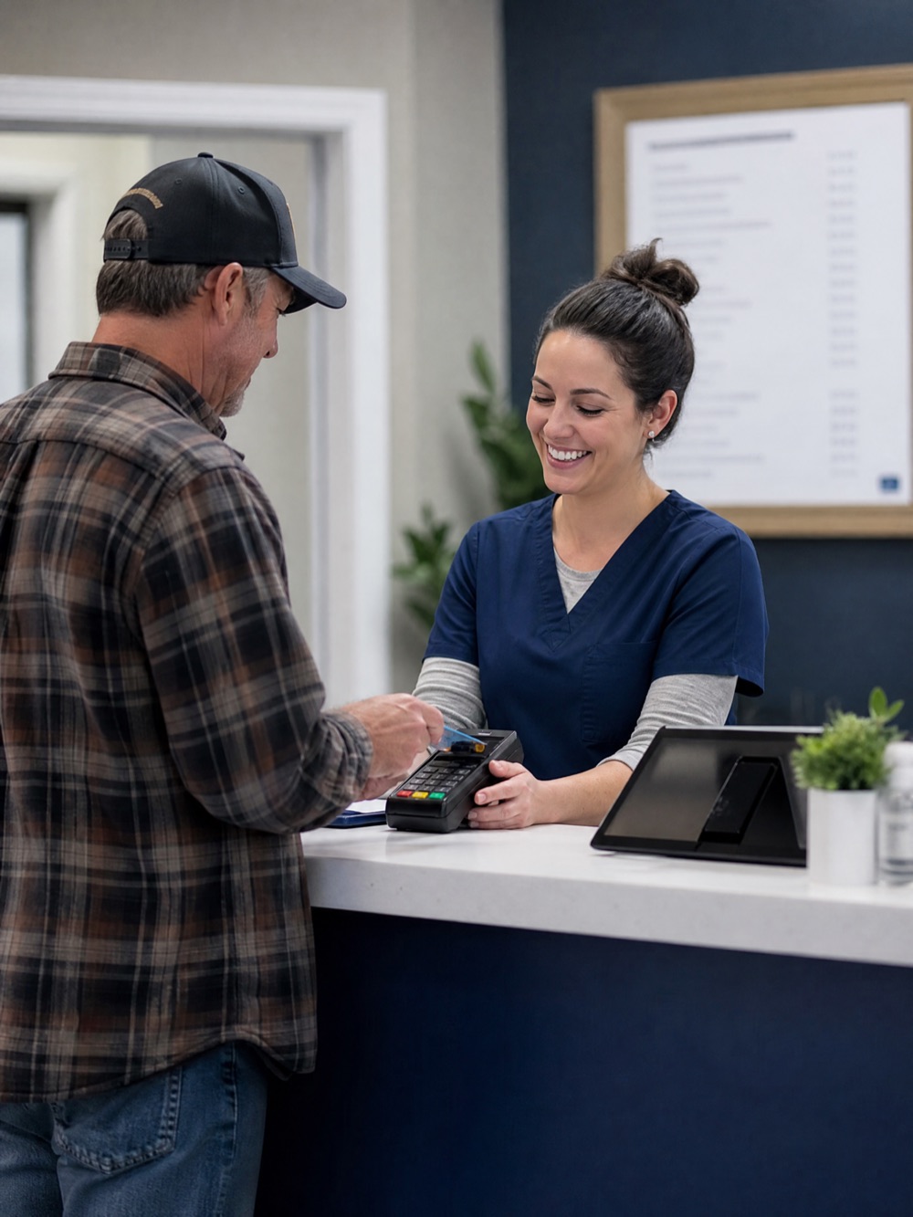 A patient pays at the front desk