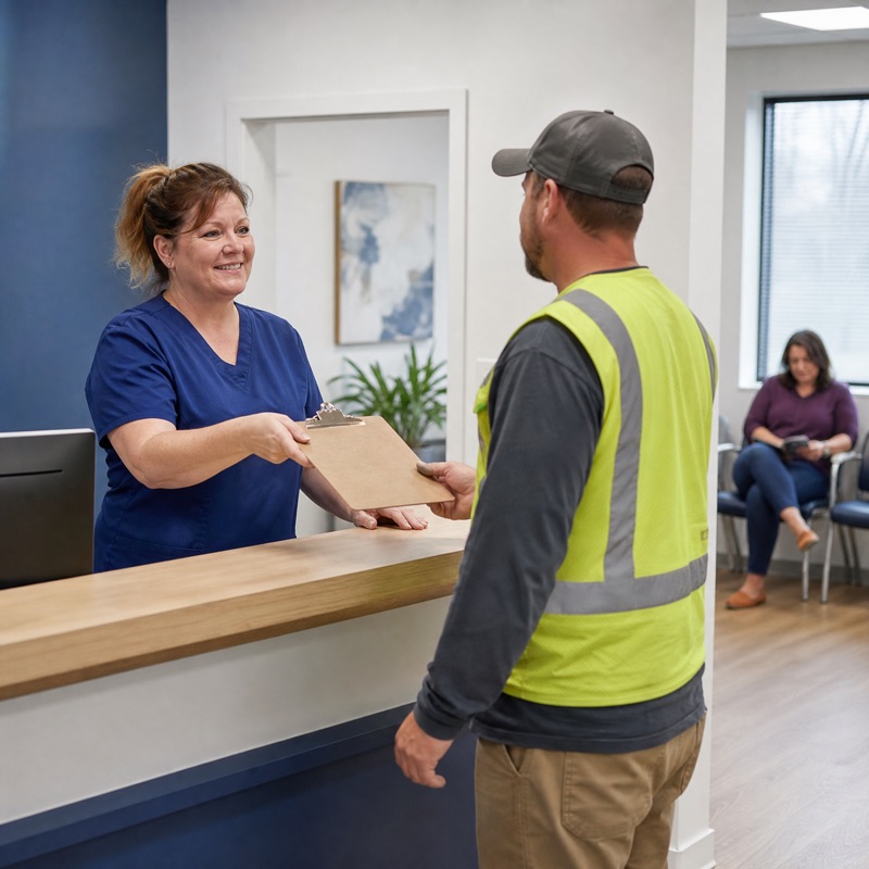 Front desk staff hand a clipboard to a worker in a safety vest