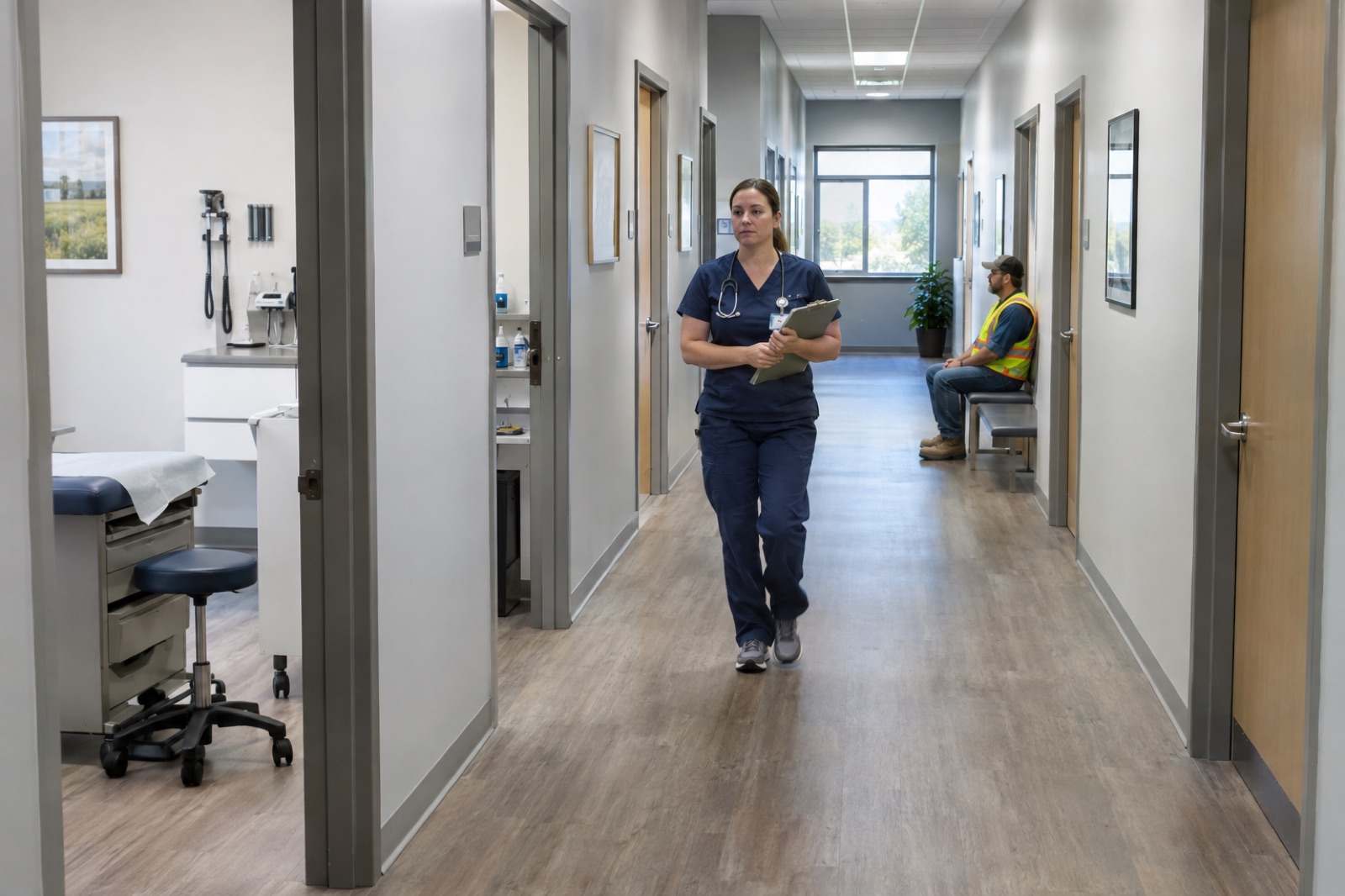 A nurse walks down the clinic hallway while a worker in a safety vest waits nearby
