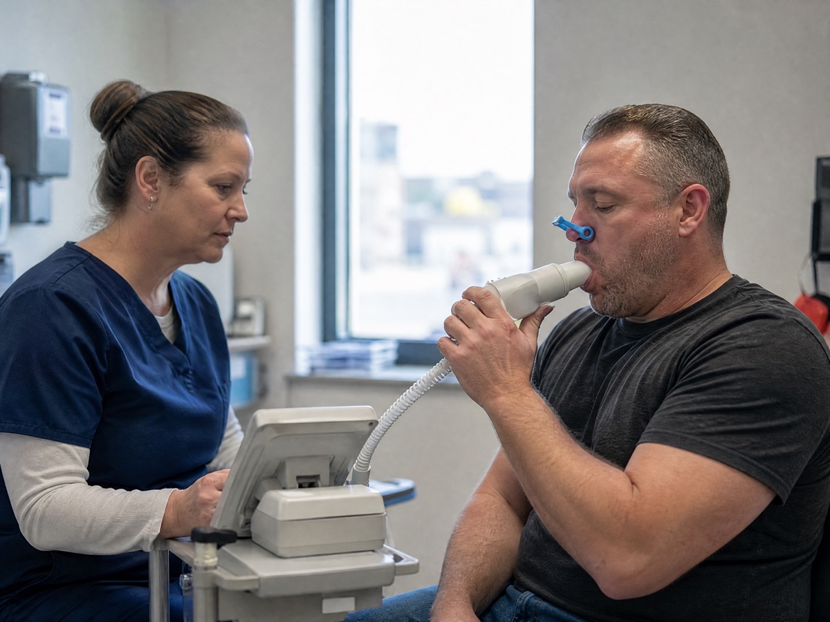 A nurse practitioner guides a worker through a pulmonary function test