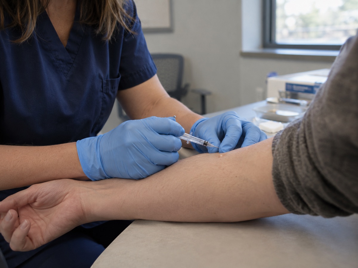 A nurse administers a TB skin test on a patient's forearm