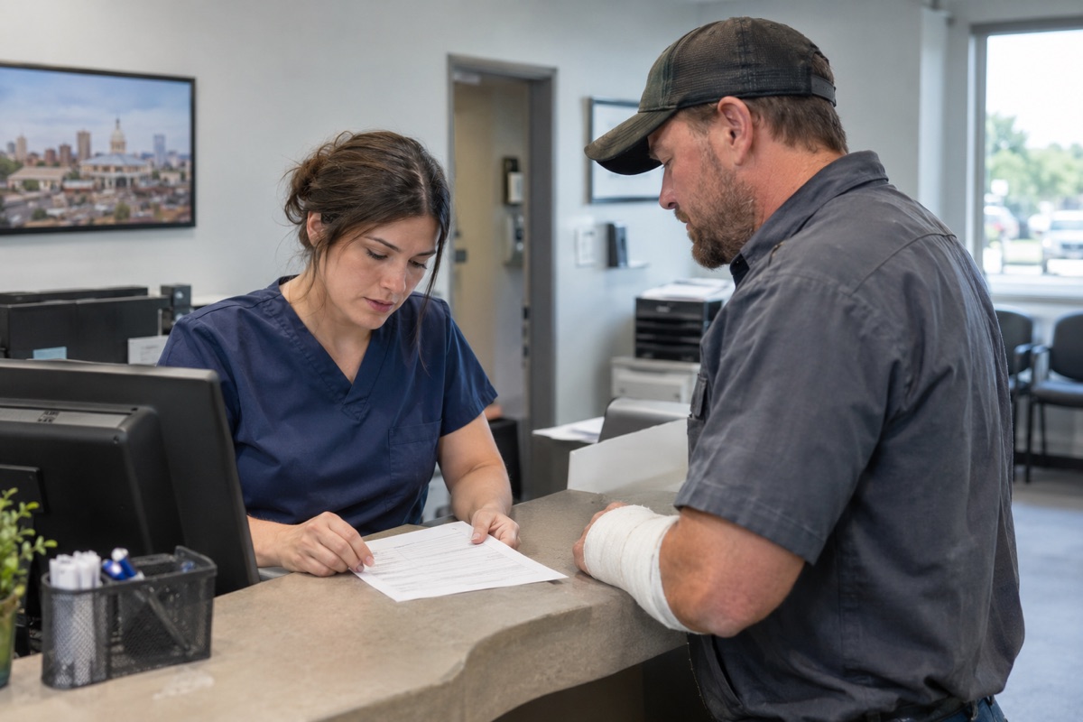 Front desk staff review an employer authorization form with an injured worker