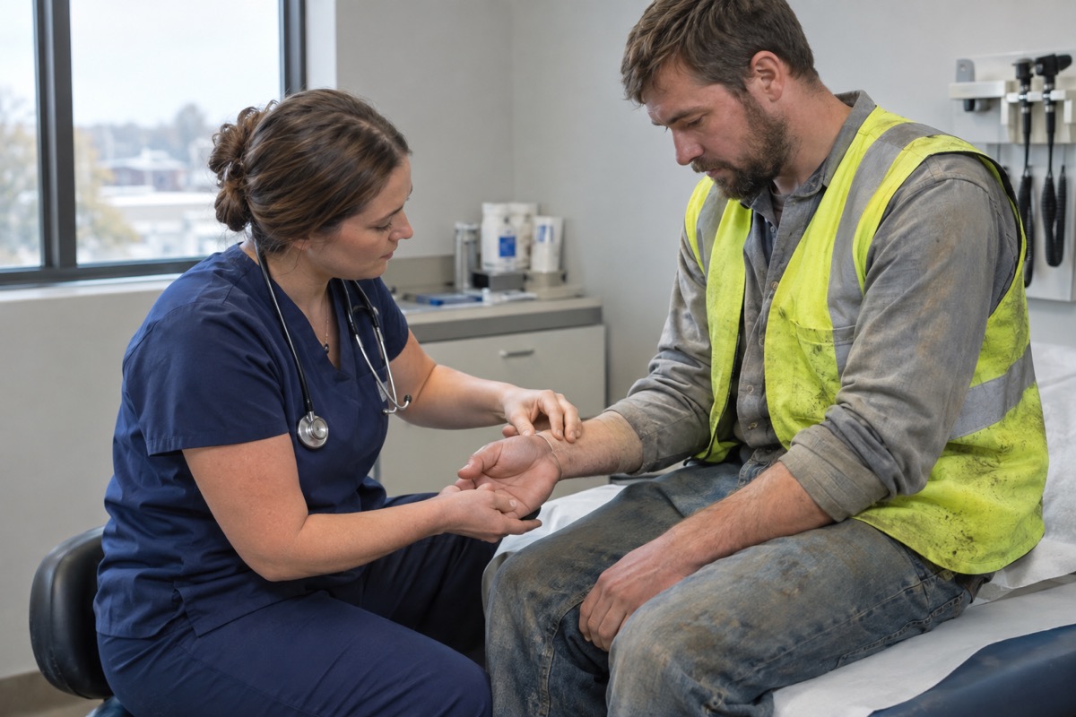 A nurse practitioner examines the wrist of a construction worker in a safety vest