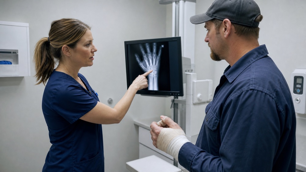 A nurse practitioner reviews a wrist x-ray with an injured worker